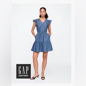 GAP Denim Flutter Sleeve Tie-Waist Mini Dress